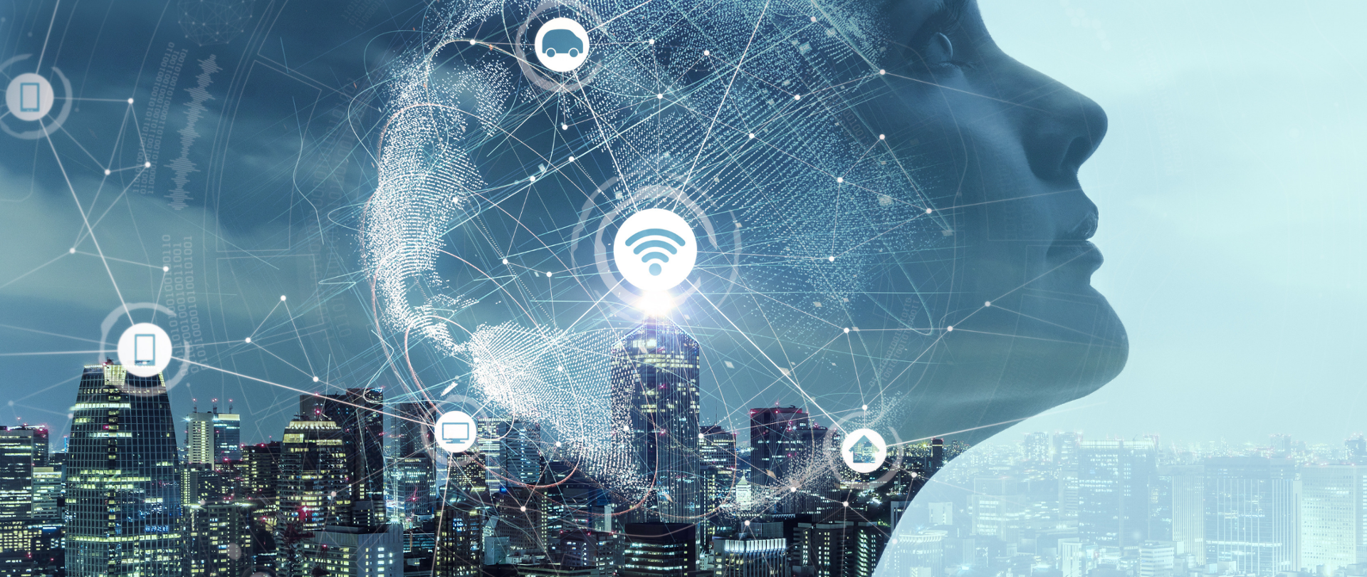 Grafizowana głowa kobiety nałożona na obraz dużego miasta.