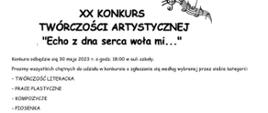 Plakat z treścią: "Prosimy wszystkich chętnych do udziału w konkursie o zgłaszanie się według wybranej przez siebie kategorii:
- TWÓRCZOŚĆ LITERACKA
- PRACE PLASTYCZNE
- KOMPOZYCJE
- PIOSENKA
Uczestnictwo proszę zgłosić do biblioteki szkolnej lub do p. Renata Micołek-Wąsowicz (sala 204)
do dnia 26 maja (piątek).
Każdy uczestnik Konkursu będzie nagrodzony."