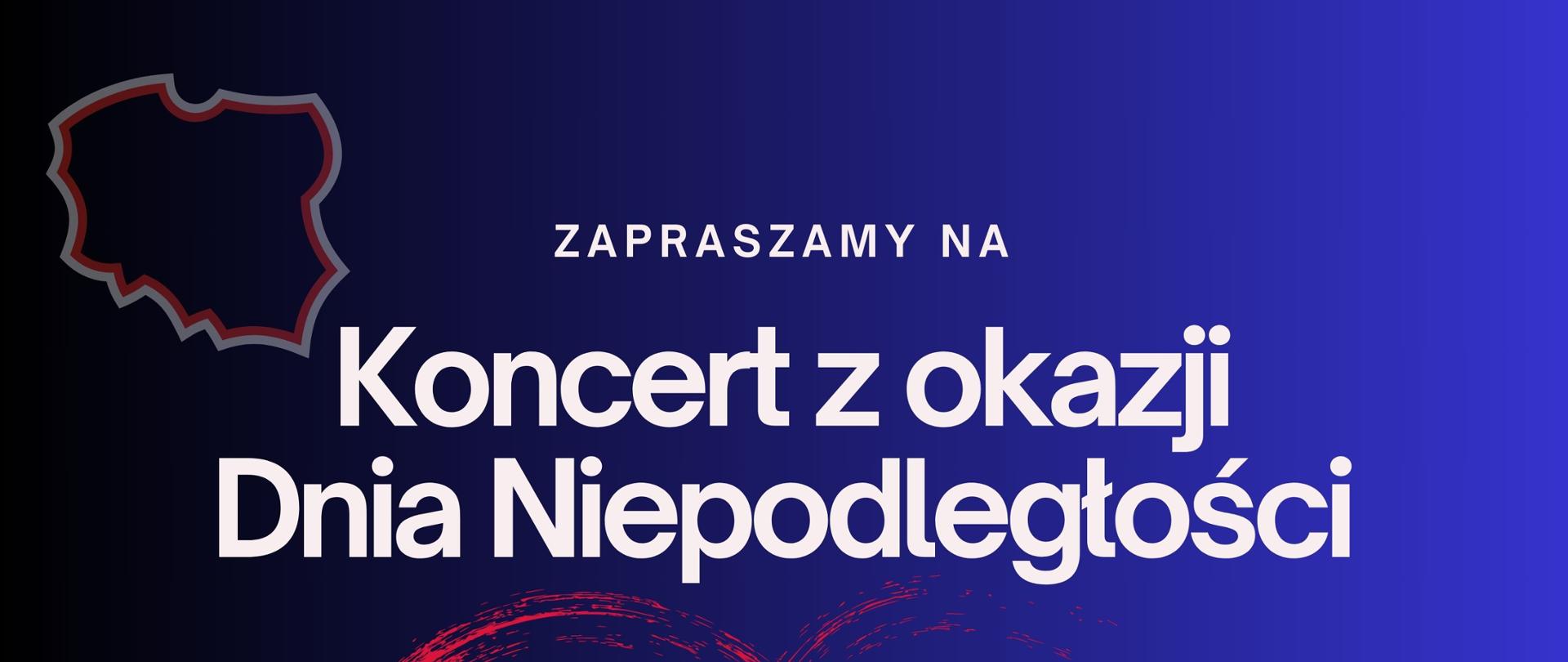 Plakat na niebieskim tle z białoczerwonym sercem z okazji Dnia Niepodległości i informacją tekstową o koncercie