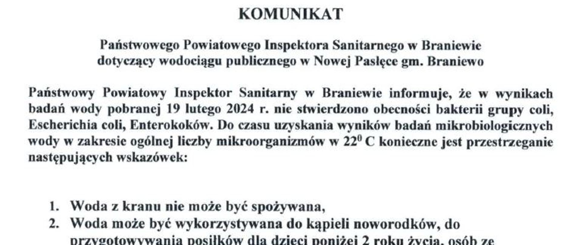 Komunikat Powiatowego Państwowego Inspektora Sanitarnego w Braniewie dotyczący wodociągu publicznego w Nowej Pasłęce gm. Braniewo