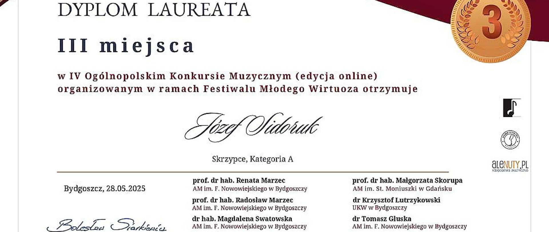 Dyplom Józefa Sidoruka, III miejsce