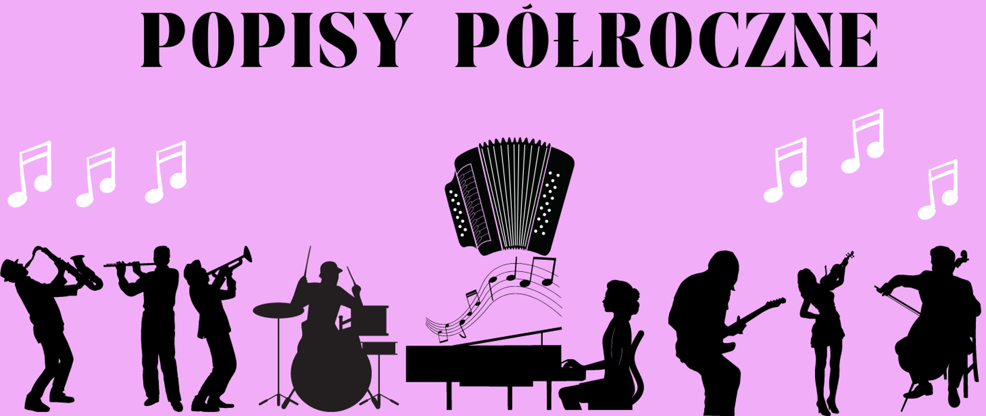 Grafika na różowym tle przedstawiająca czarne postacie grające na instrumentach muzycznych.