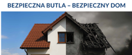 Plakat kampanii informacyjnej BEZPIECZNA BUTLA -BEZPIECZNY DOM przedstawiający wpół zniszczony dom.