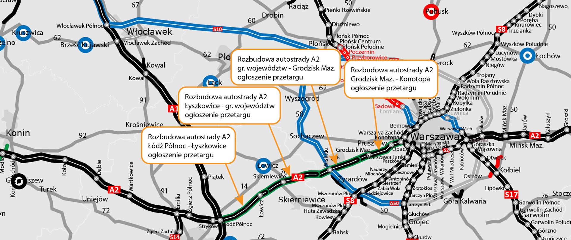 A2 rozbudowa trasy o dodatkowe pasy ruchu - mapka