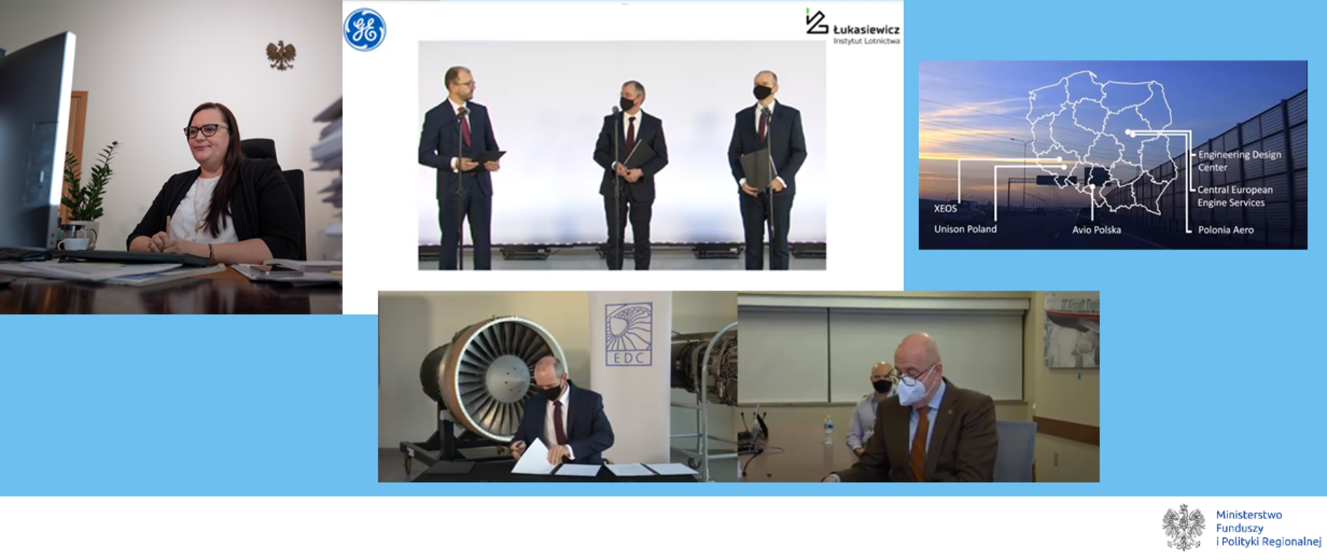 Na grafice screeny z uroczystości podpisania umowy o dalszej współpracy pomiędzy Siecią Badawczą Łukasiewicz - Instytut Lotnictwa a General Electric
