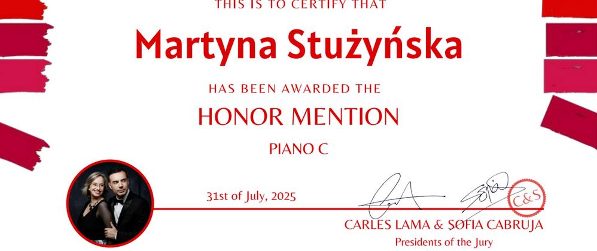 Dyplom Carles & Sofia International Piano Competition dla Martyny Stużyńskiej