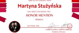 Dyplom Carles & Sofia International Piano Competition dla Martyny Stużyńskiej