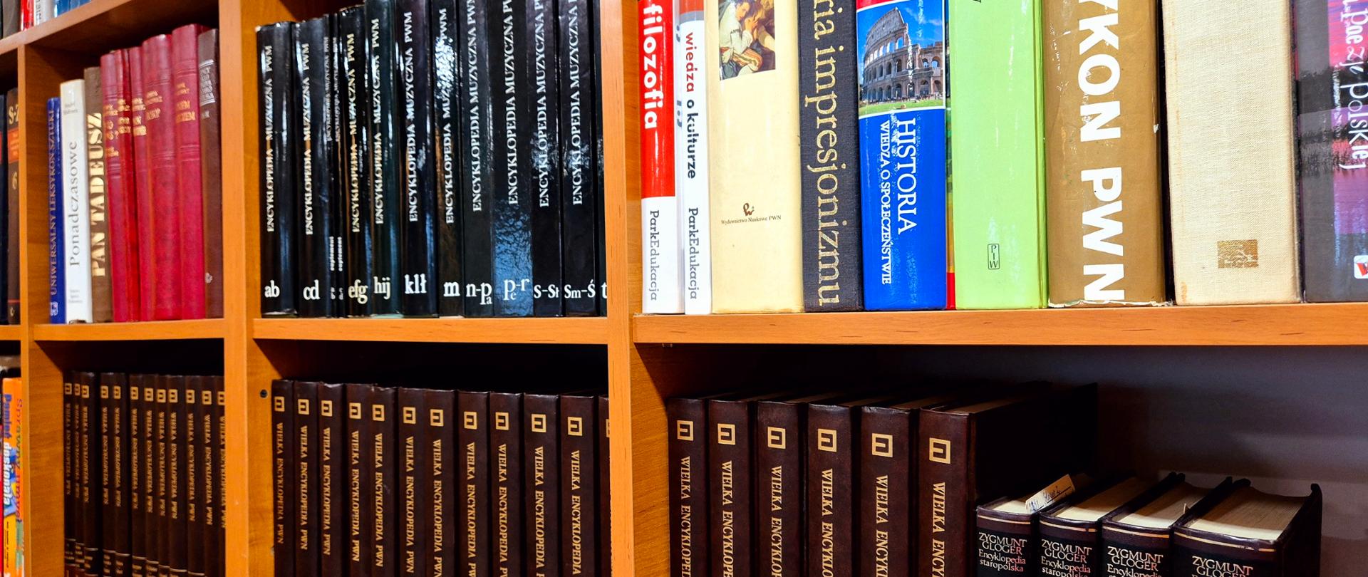 Na półkach stoją ściśle przylegając do siebie książki w kolorowych okładkach, w dolnym rzędzie kilkanaście tomów encyklopedii w brązowych okładkach