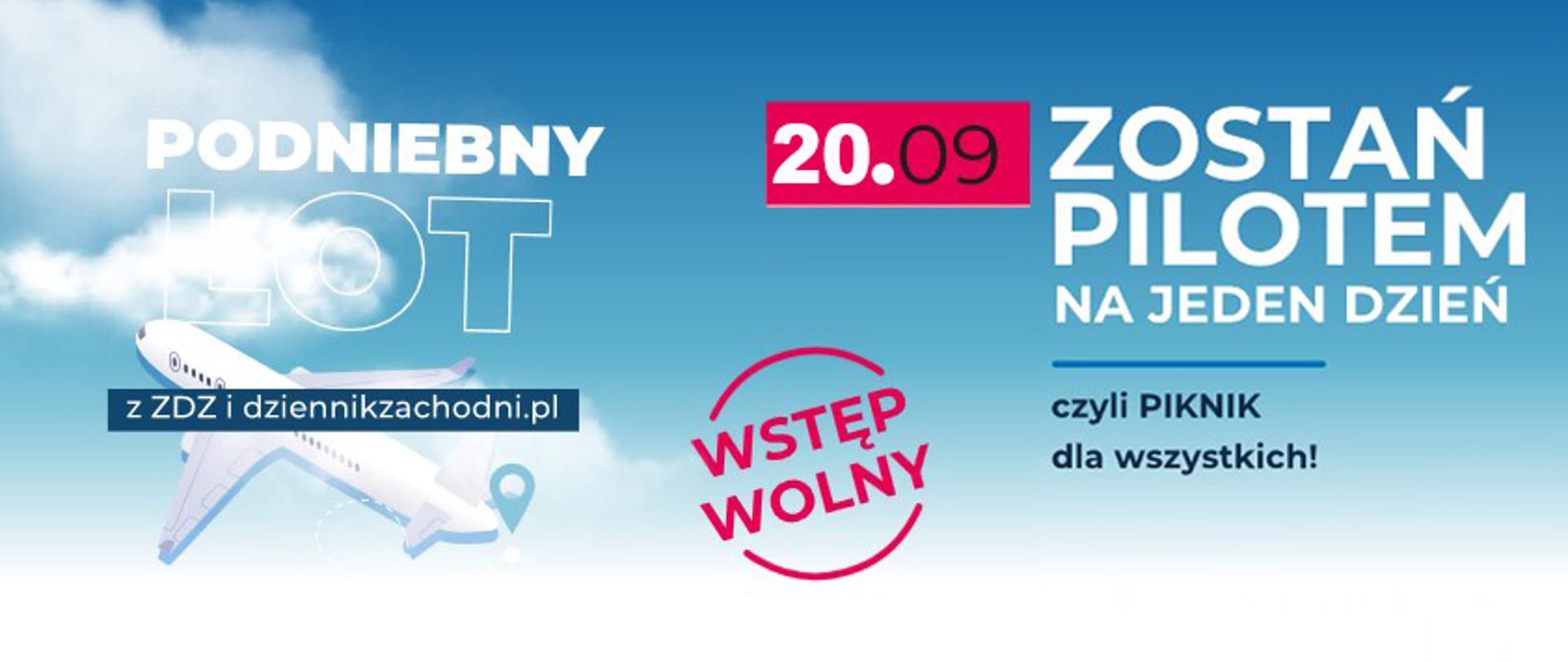 Podniebny lot - wydarzenie plenerowe, grafika informująca o wydarzeniu, w tle niebieskie niebo, chmury i lecący samolot oraz tytuł imprezy