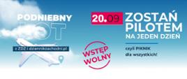 Podniebny lot - wydarzenie plenerowe, grafika informująca o wydarzeniu, w tle niebieskie niebo, chmury i lecący samolot oraz tytuł imprezy