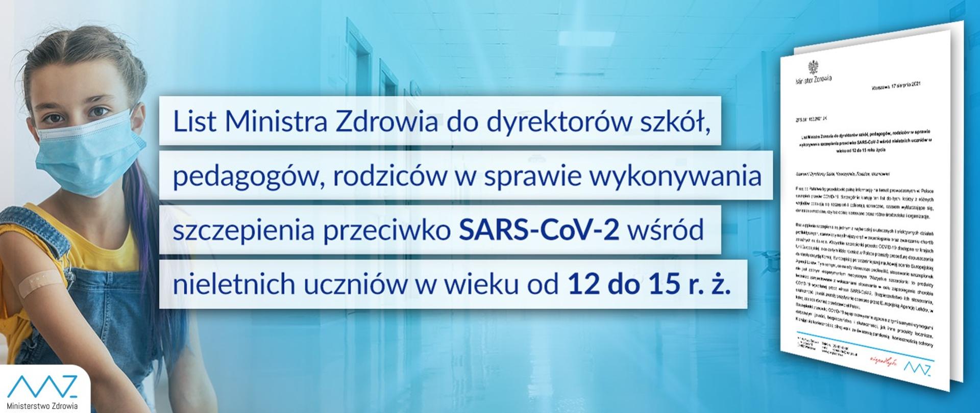 Dziewczynka z maseczką na twarzy i obok napis List Ministra Zdrowia do Dyrektorów szkół.