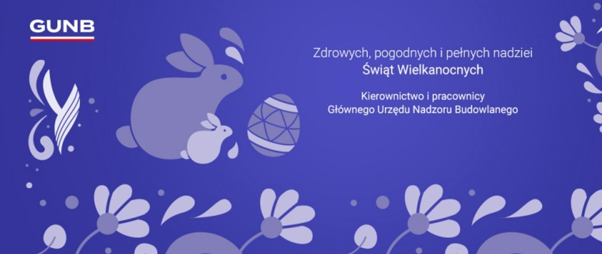 Wielkanocna grafika z życzeniami od kierownictwa i pracowników Głównego Urzędu Nadzoru Budowlanego (GUNB); na fioletowym tle znajdują się ilustracje królików, pisanki oraz kwiaty, a po środku widnieje tekst z życzeniami zdrowych, pogodnych i pełnych nadziei Świąt Wielkanocnych.