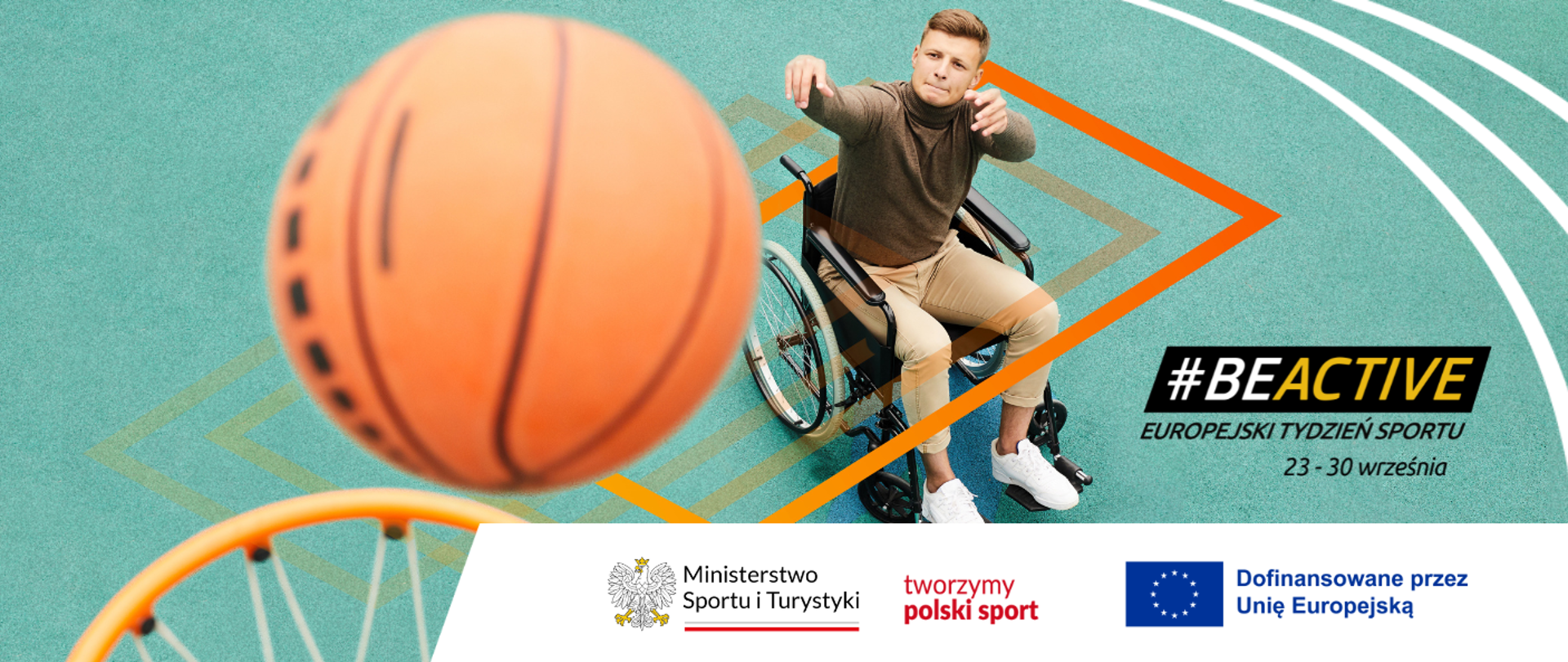 Koszykarz na wózku rzuca piłką do kosza. Obok napis Be Active Europejski Tydzień Sportu 23-30 września