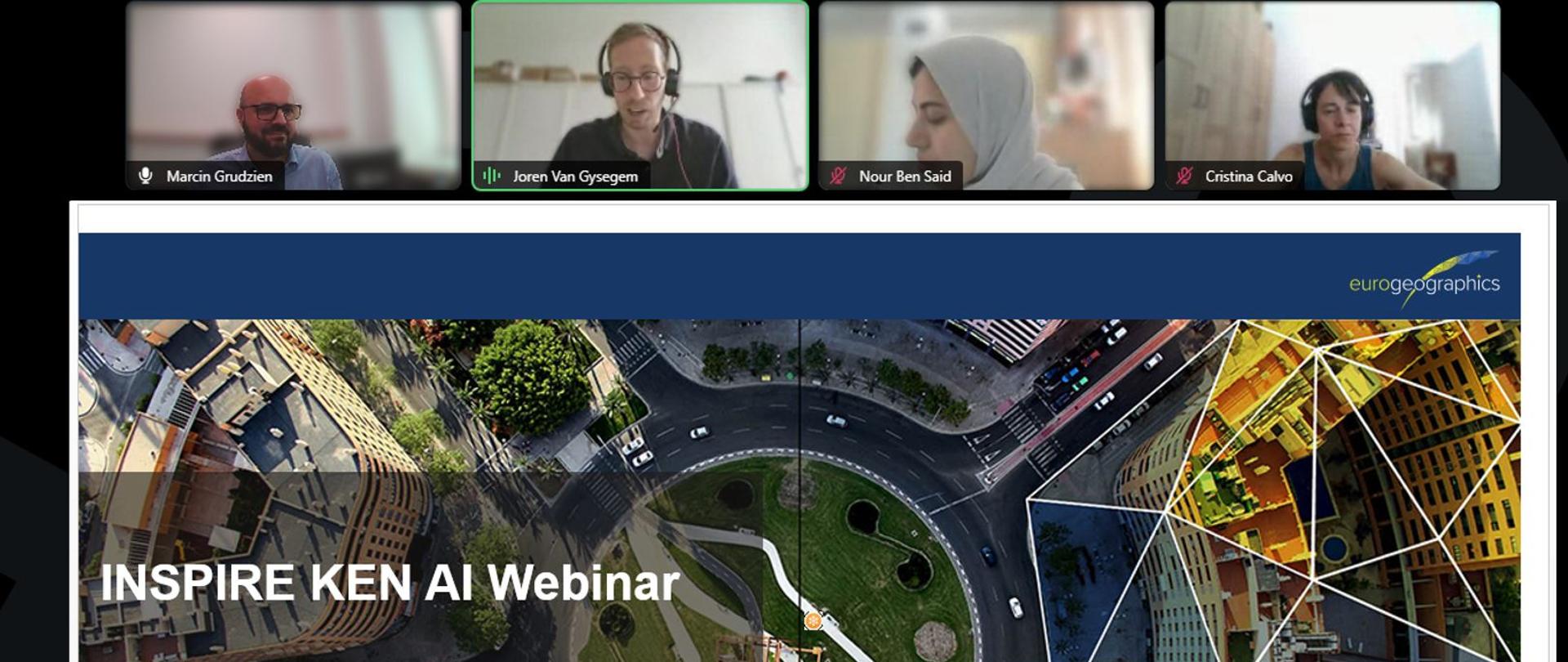 Zrzut ekranu przedstawiający moderatora oraz panelistów webinaru INSPIRE KE o zastosowaniach sztucznej inteligencji w geodezji i kartografii wraz ze slajdem tytułowym