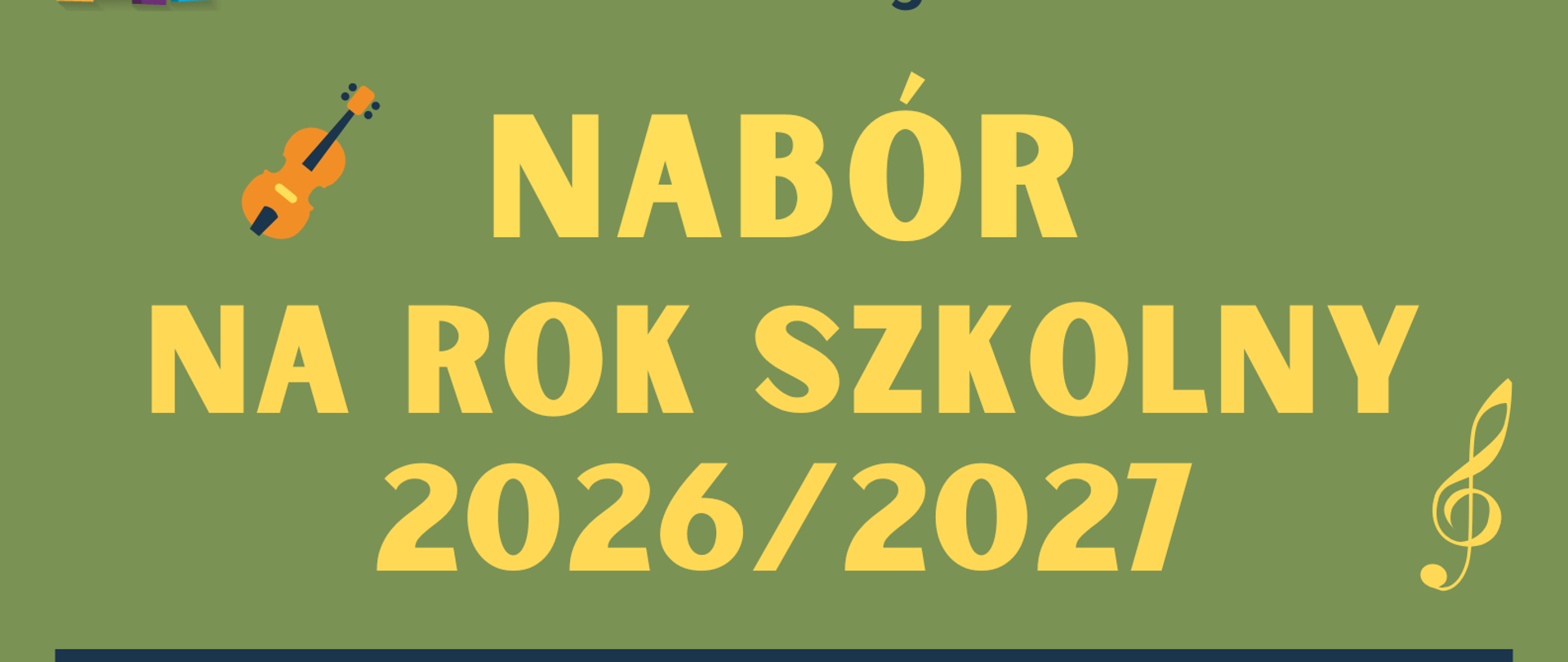 Plakat w kolorze zielonym przedstawia: W nagłówku widnieje pełna nazwa szkoły: Państwowa Szkoła Muzyczna I st. nr 1 im. Oskara Kolberga w Warszawie; po lewej stronie nazwy znajduje się kolorowe (żółty, czerwony, filetowy, błękity oraz biały) logo szkoły przedstawiające fragment klawiatury fortepianu. Biały, środkowy, klawisz przedstawia cyfrę 1. Pod nagłówkiem znajduje się napis: Ogłasza nabór na rok szkolny 2026/2027. Pod spodem w ramce na niebieskim tle, białymi literami została napisana informacja o badaniu przydatności: Badania predyspozycji muzycznych odbędą się 25-29 maja 2026r. Pod ramką znajdują się informacje: Więcej informacji o szkole i rekrutacji na stronie www.gov.pl/web/psm1warszawa. Poniżej znajdują się informacje: Sekretariat czynny od poniedziałku do piątku w godzinach 14.00-19.00. Pod spodem adres szkoły: ul. Świętojerska 24, mail. sekretariat@kolberg.edu.pl, tel. 22 831 24 74, 504 202 850. W dolnej części plakatu znajduje się grafika imitująca klawiaturę fortepianu. w dolnej części plakatu po prawej stronie znajduje się grafika przedstawiająca akordeon klawiszowy, po lewej grafika przedstawiająca gitarę klasyczną. Po lewej stronie w górnej części, znajduje się grafika przedstawiająca instrument smyczkowy. W różnych miejscach plakatu znajdują się grafiki przedstawiające: klucz wiolinowy, nuty 