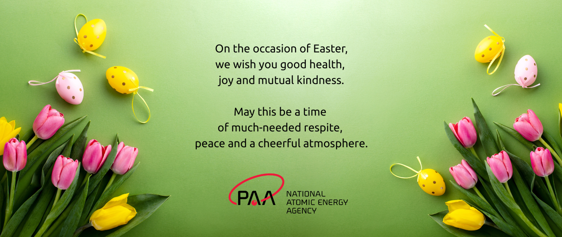 Easter wishes - a card with a green background, next to the wishes there are pink tulips and yellow and pink Easter eggs