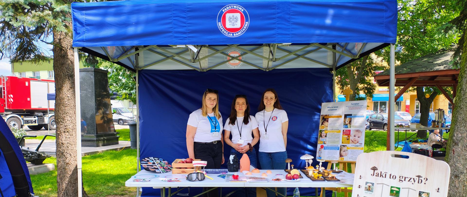 Stanowisko namiotowe Powiatowej Stacji Sanitarno-Epidemiologicznej w Golubiu-Dobrzyniu, na którym pracownicy prowadzili działania profilaktyczne podczas "Dnia Zdrowia" zorganizowanego przez Starostwo Powiatowe w Golubiu-Dobrzyniu