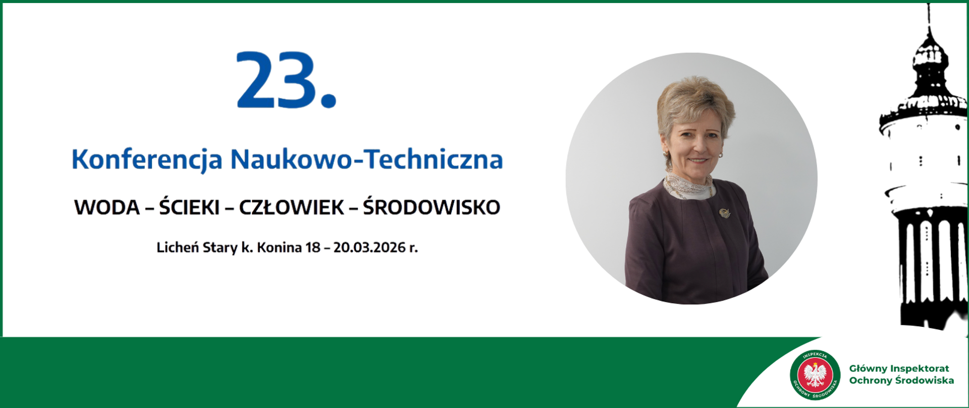 Informacje o konferencji Woda-Ścieki-Człowiek-Środowisko wraz ze zdjęciem prelegentki Hanny Kończal, w prawym dolnym rogu logo GIOS