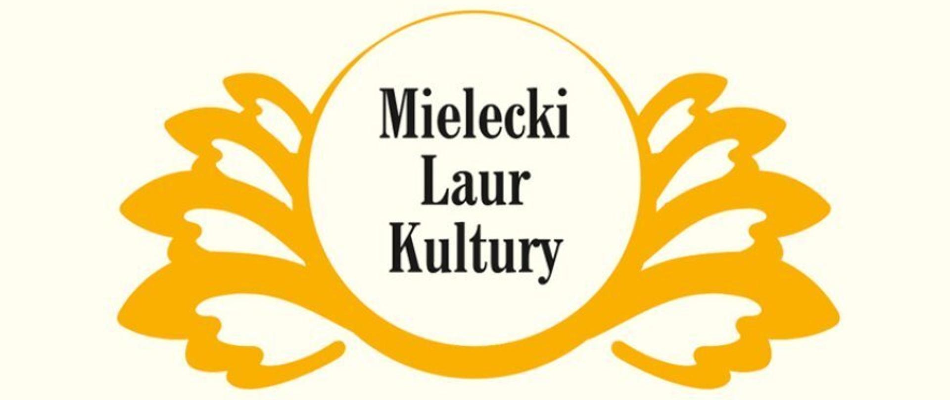 Logo Mieleckiego Lauru Kultury — złoty wieniec laurowy z białym kołem pośrodku i napisem „Mielecki Laur Kultury".
