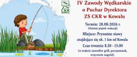 Plakat informacyjno-zaproszeniowy w formacie poziomym, zapowiadający szkolne zawody wędkarskie.W lewej części grafiki znajduje się kolorowa, rysunkowa ilustracja przedstawiająca uśmiechniętego chłopca w czerwonej koszulce i zielonych spodenkach, który siedzi na brzegu stawu i trzyma w dłoniach wędkę. W błękitnej wodzie pływają trzy szare ryby, a na brzegu rośnie zielona trzcina.W górnej środkowej części widnieje zielone logo szkoły „ZS CKR KOWAL”. Po jego prawej stronie umieszczono duży, bordowy napis: „IV Zawody Wędkarskie o Puchar Dyrektora ZS CKR w Kowalu”.Poniżej, wyśrodkowanym granatowym tekstem, podano szczegóły organizacyjne:Termin: 28.08.2026 r. (Ostatni piątek wakacji)Miejsce: Prywatne stawy znajdujące się ok. 1 km od KowalaCzas trwania: 8.30 - 15.00 (w trakcie zawodów grill, poczęstunek, wręczenie nagród).Pod szczegółami widnieje duży, czerwony napis: „Serdecznie zapraszamy!”.Na samym dole plakatu wydzielono trzy białe sekcje w niebieskich ramkach, opatrzone ikonami:Ikona trzech sylwetek ludzi: „Zapraszamy do udziału wszystkich naszych uczniów, oczywiście także tych, którzy już od września rozpoczną naukę w klasach pierwszych oraz uczniów branżowej szkoły II stopnia.”Ikona litery „i” w kółku: „Zapisy oraz szczegółowe informacje u pana wicedyrektora Krzysztofa Moraczewskiego (messenger bądź w sekretariacie szkoły).”Ikona pucharu: „Liczba miejsc ograniczona! Decyduje kolejność zgłoszeń!”Na marginesie dolnym znajduje się czarny napis: „Gwarantujemy super atmosferę i świetną zabawę!” oraz czerwony dopisek „Zapraszamy!” otoczony dwoma serduszkami.