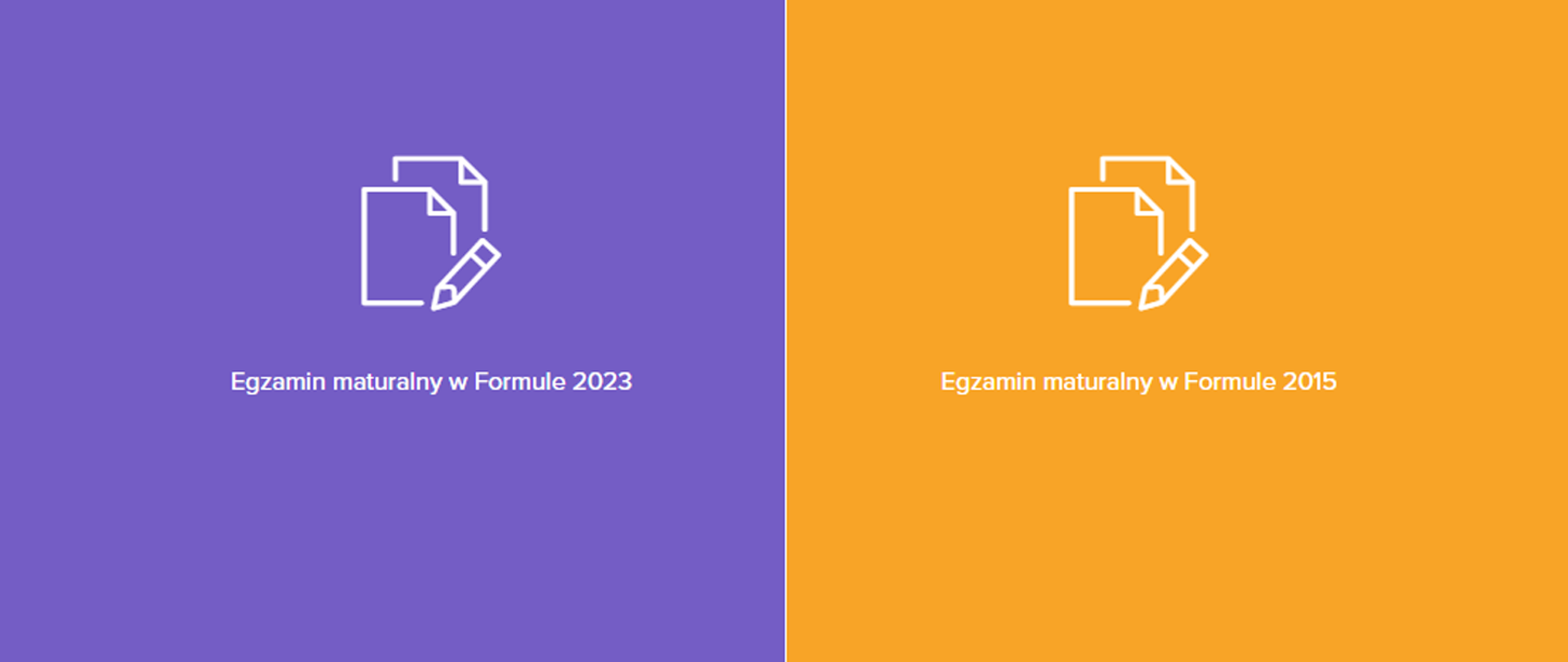 Fioletowo-pomarańczowa grafika z ikonografią ołówka i kartek papieru oraz tekstem "Egzamin maturalny w Formule 2023 i Egzamin maturalny w Formule 2015"