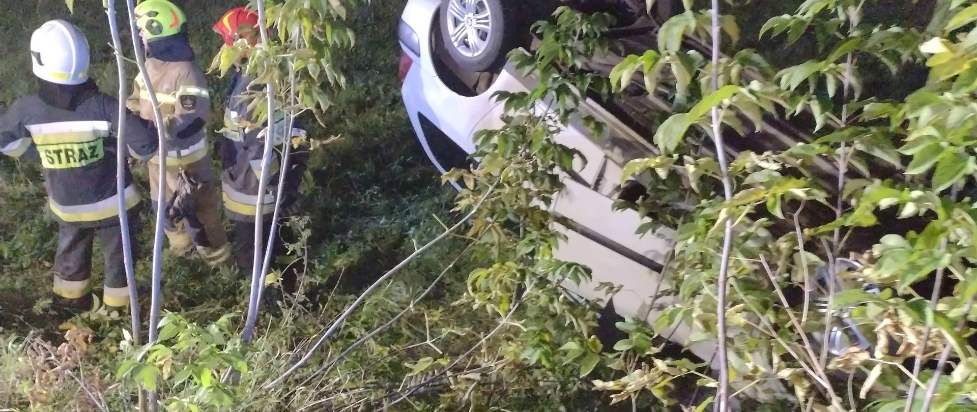 W porze nocnej na dachu leży samochód w przydrożnym rowie. Obok auta stoi trzech strażaków. W tle krzaki.