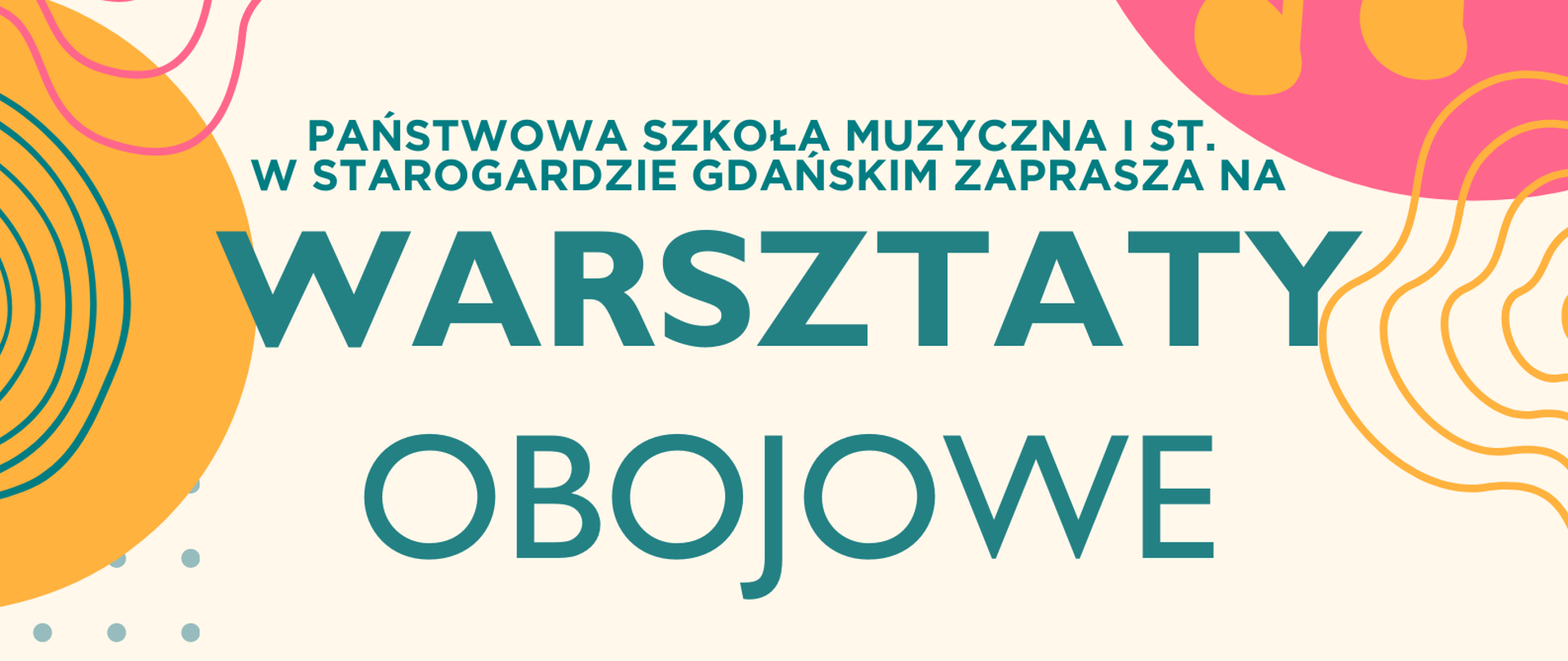 Plakat w jasnych barwach dotyczący organizowanych w szkole warsztatów obojowych w dniu 28 października 2024 roku w szkole. Na plakacie znajudją się kolorowe nuty, tło plakatu jest w odcieniu jasnego beżu. Na dole zapisano szczegółowe informacje tj. harmonogram warsztatów a także zdjęcie prowadzącego warsztaty, Na zdjęciu znajduje się mężczyzna, ubrany w czarne spodnie i swetr, siedzi na krześle spogąda na obój. 