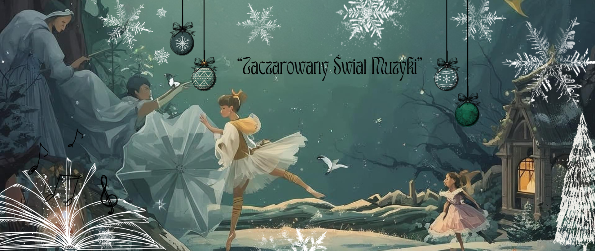 Kolorowa grafika przedstawiająca bajkową, zimową scenę utrzymaną w magicznym, ilustracyjnym stylu. W centrum widzimy baletnicę tańczącą na śniegu, otoczoną przez inne postacie w delikatnych, pastelowych strojach. W tle znajduje się mały domek w lesie, oświetlony ciepłym światłem, co dodaje całości przytulnego, świątecznego klimatu.
Wokół unoszą się śnieżynki, nuty muzyczne i świecące ozdoby, a w dolnej części obrazu widać otwartą książkę, z której jakby wypływa magia — symbolizując połączenie muzyki, tańca i wyobraźni.
Całość utrzymana jest w chłodnych odcieniach błękitu, zieleni i bieli. Czarny napis „Zaczarowany Świat Muzyki” to tytuł koncertu symfonicznego.
