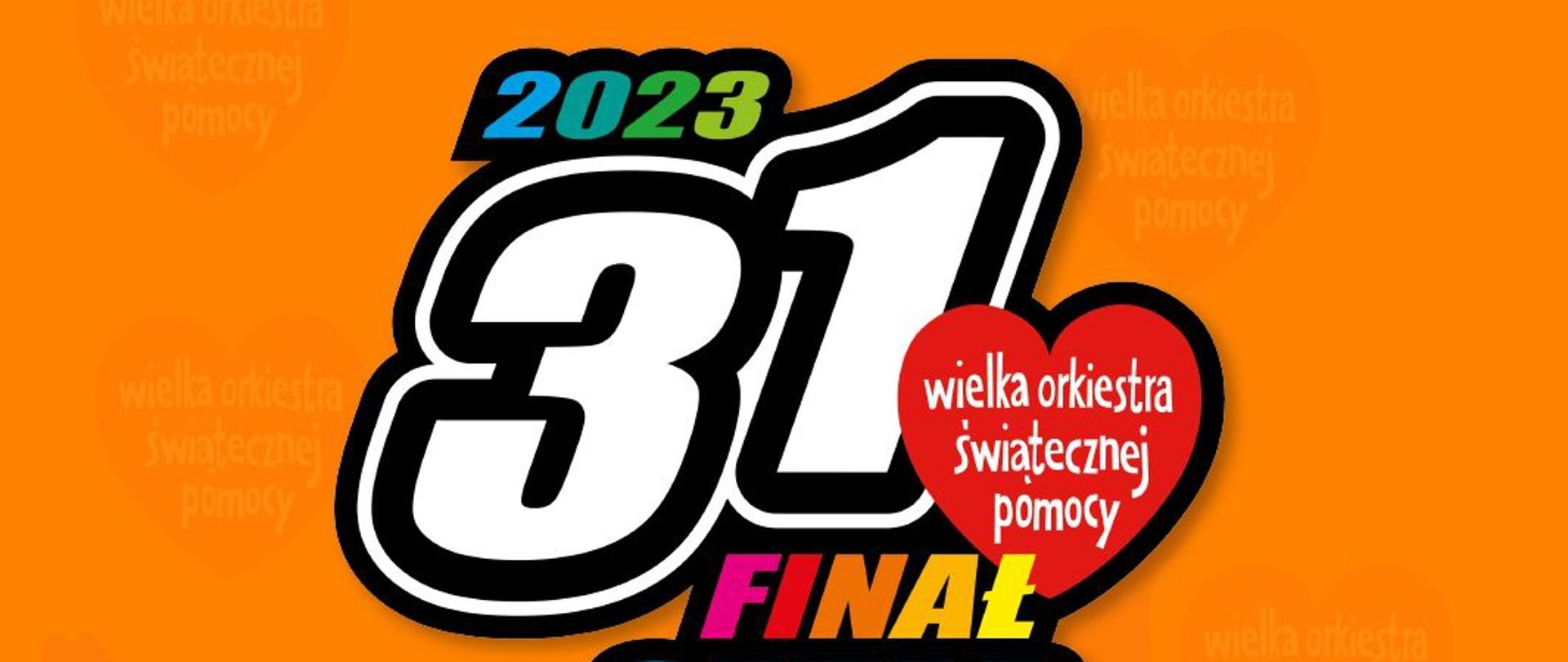 Plakat przedstawia logo 31. finału Wielkiej Orkiestry Świątecznej Pomocy 2023, sztab w Krośnie. Na pomarańczowym tle kolorowe litery i czerwone serduszko z napisem Wielka Orkiestra Świątecznej Pomocy.