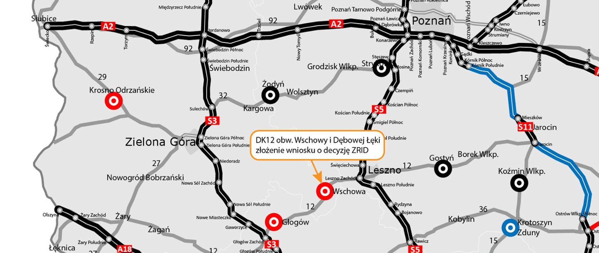 Infografika z mapą na której zaznaczona została lokalizacja obwodnicy Wschowy i Dębowej Łęki