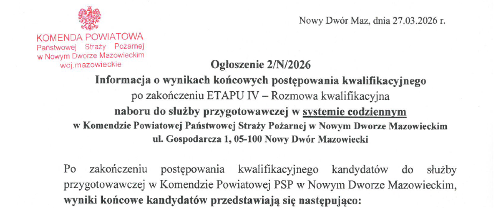 Ogłoszenie 2/N/2026
Informacja o wynikach końcowych postępowania kwalifikacyjnego
po zakończeniu ETAPU IV – Rozmowa kwalifikacyjna
naboru do służby przygotowawczej w systemie codziennym
w Komendzie Powiatowej Państwowej Straży Pożarnej w Nowym Dworze Mazowieckim
