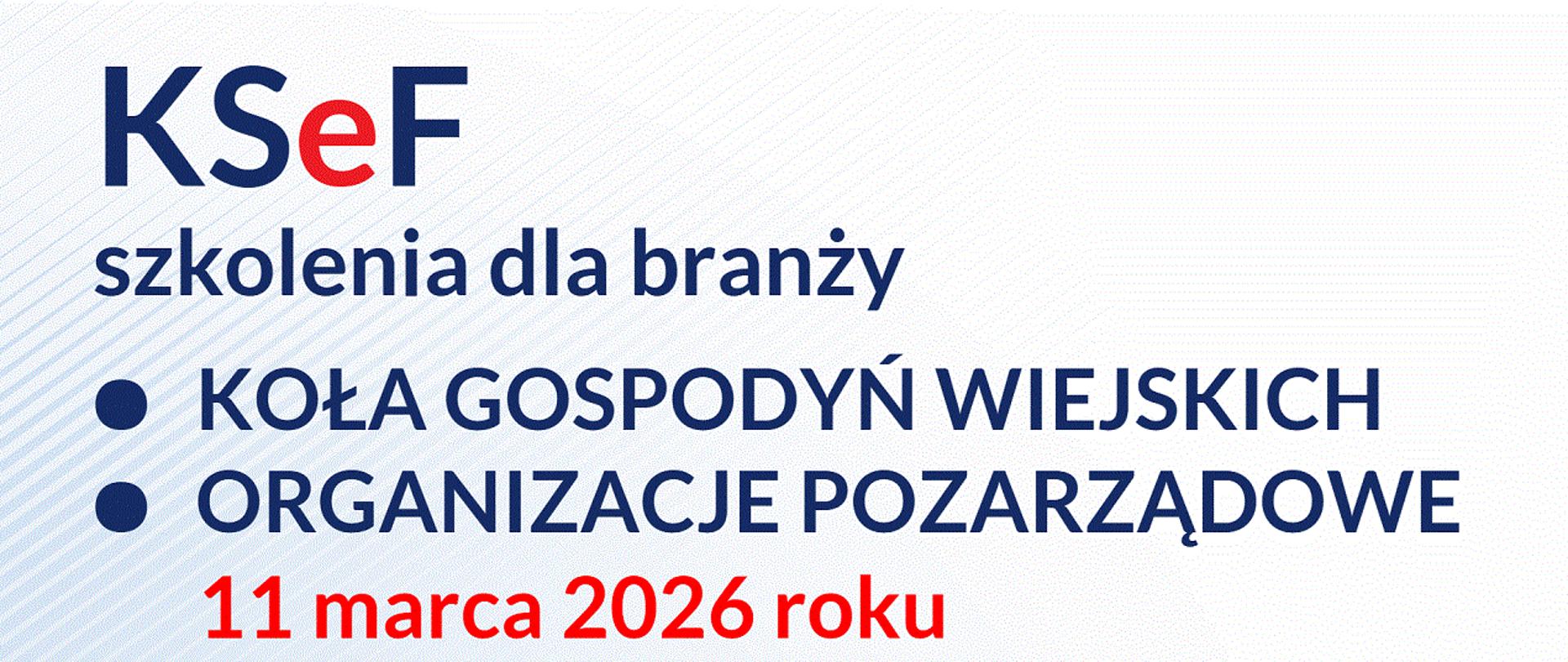 Niebieskie napisy na białym tle KSeF szkolenia dla branży Koła Gospodyń Wiejskich Organizacje Pozarządowe 11 marca 2026 roku