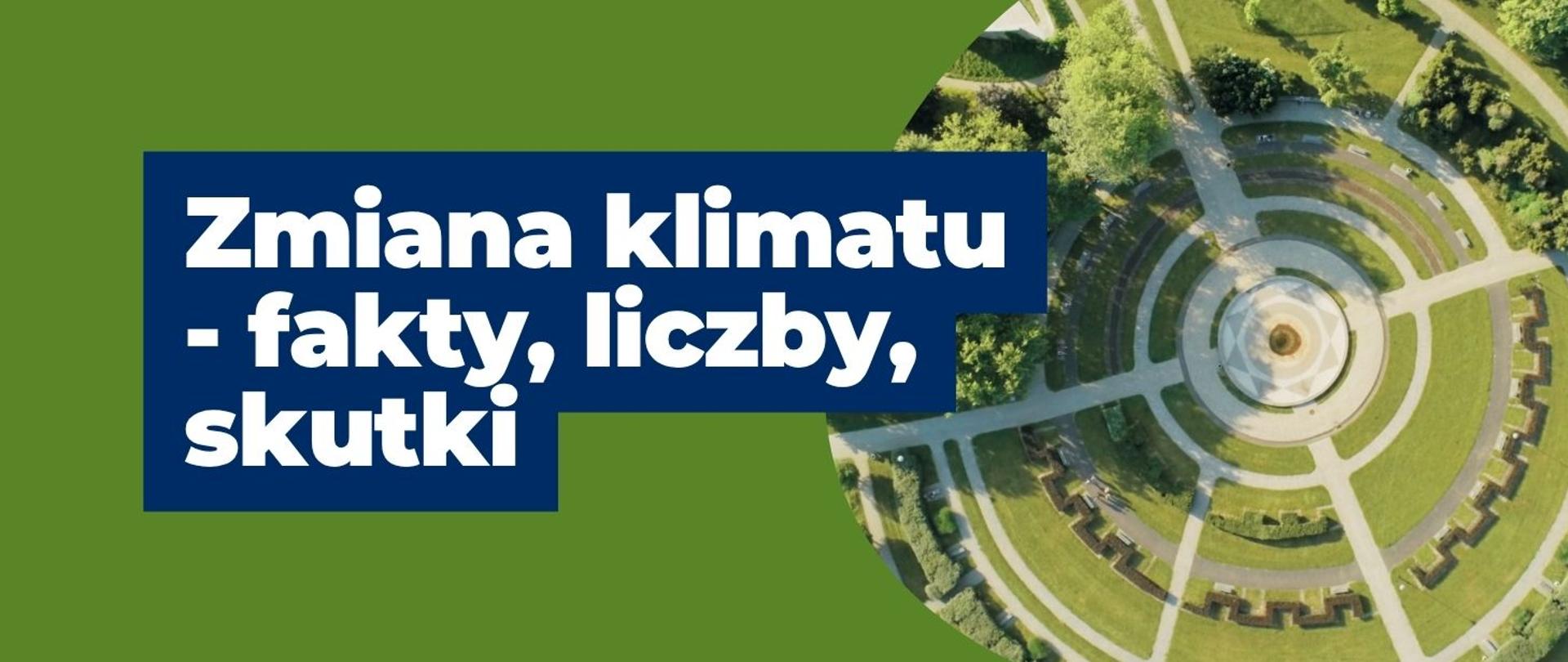 na zdjęciu widoczny jest napis: Zmiana klimatu - fakty, liczby, skutki. Po prawej stronie w ramce widoczne jest Pole Mokotowskie w Warszawie (zdjęcie z lotu ptaka). 