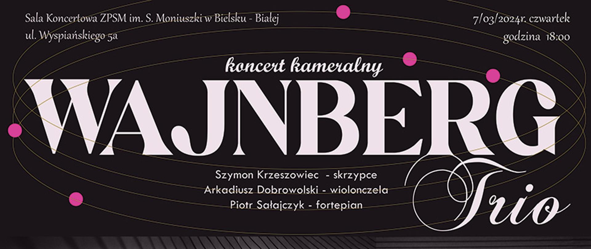 czarnobiały plakat na środku muzycy zespołu Wajnberg Trio