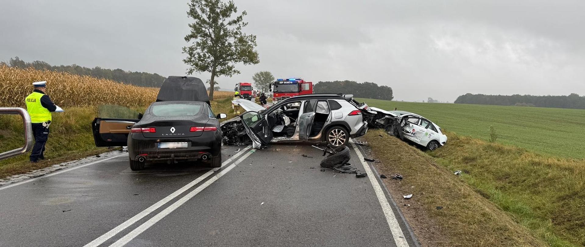 Pracujący policjant, rozbite pojazdy, droga, w tle pole.