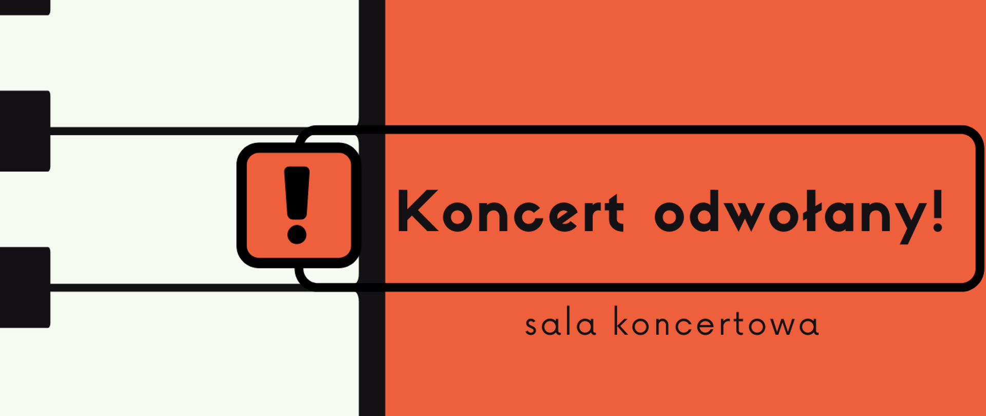 Plakat ze szczegółami koncertu na pomarańczowym tle z grafiką klawiatury fortepianu po lewej stronie oraz kluczem wiolinowym na środku plakatu