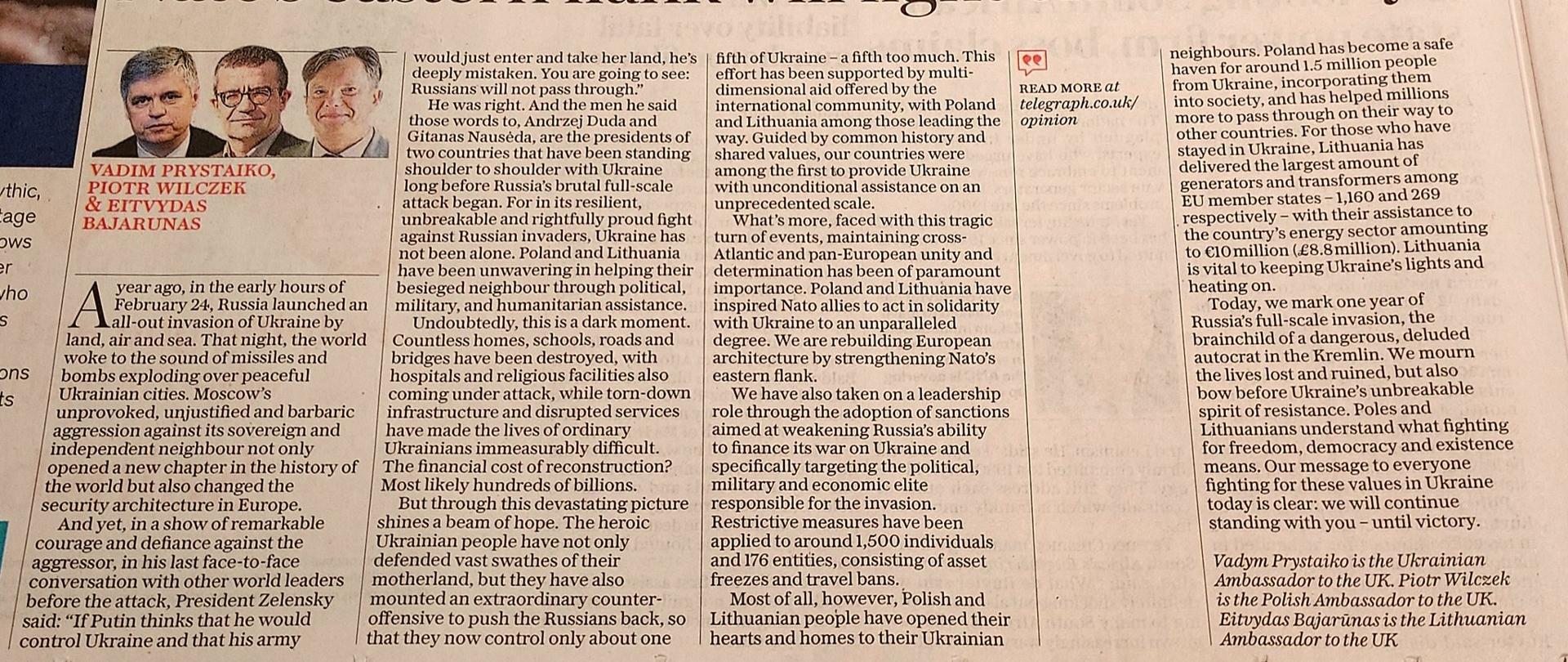 Artykuł ambasadorów UA, PL i LT w Telegraphie w zw. z pierwszą rocznicą pełnoskalowej inwazji Rosji na Ukrainę
