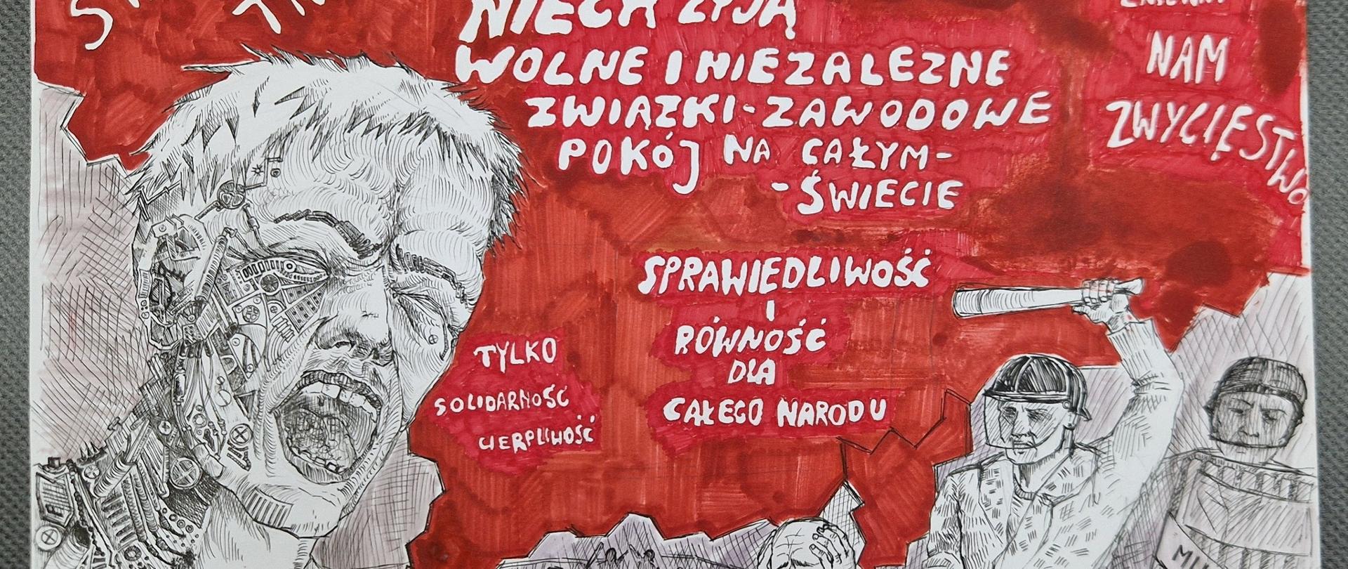 Na tle czerwonego kształtu przypominającego kontur Polski widnieją hasła w języku polskim, napisane białymi literami, nawołujące do walki