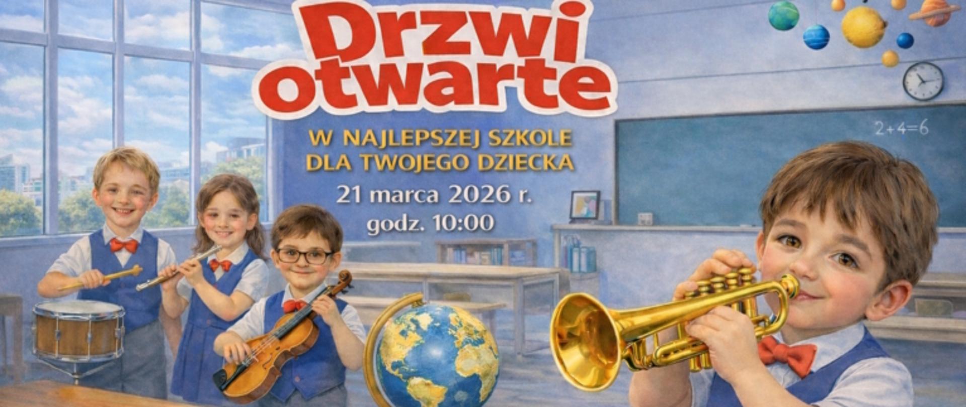 Grafika zapowiada Drzwi otwarte Ogólnokształcącej Szkoły Muzycznej I i II stopnia im. Karola Lipińskiego w Lublinie, które odbędą się 21 marca 2026 r. o godz. 10:00. Jej tło stanowi obraz przedstawiający uśmiechnięte dzieci grające na instrumentach w sali szkolnej. Na środku kolorowymi literami napisano "Drzwi otwarte w najlepszej szkole dla Twojego dziecka, 21 marca 2026 r., godz. 10:00.