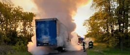 Na zdjęciu widać naczepę ciężarową w kolorze niebieskim, z której unosi się gęsty dym i para. Obok pojazdu widać strażaków. Pojazd stoi na asfaltowej drodze, otoczonej drzewami. W tle widać samochód straży pożarnej.
