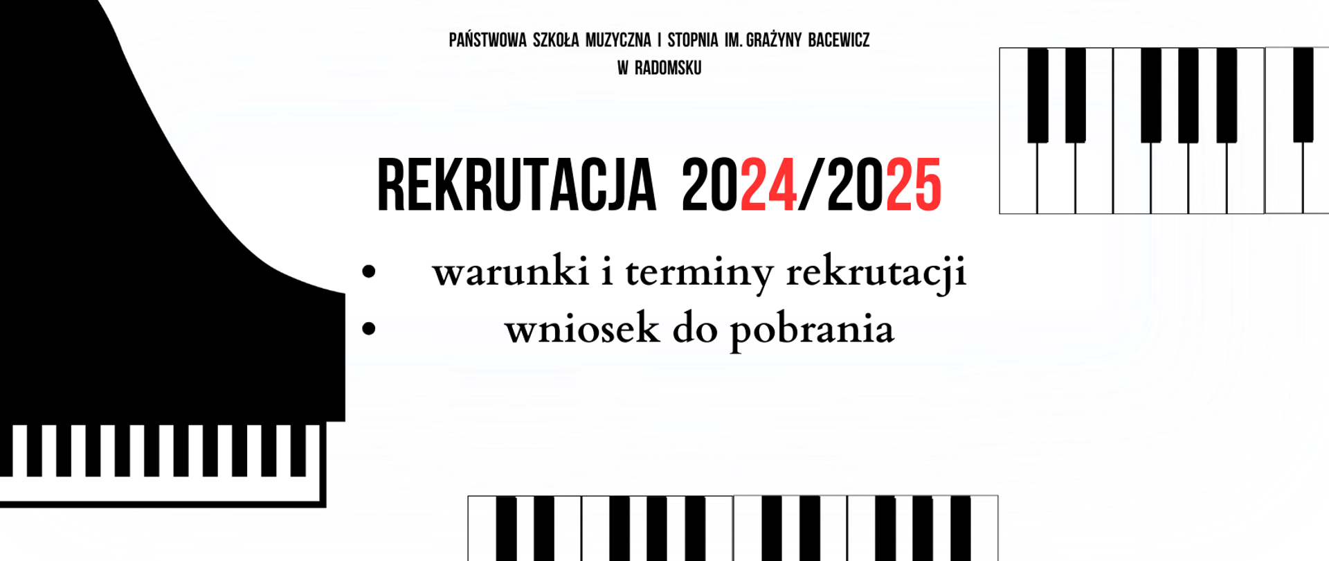 Na białym tle znajdują się napisy informacyjne w kolorze czarnym, czerwonym oraz grafiki fortepianu, klawiatur fortepianu w kolorach białym i czarnym.