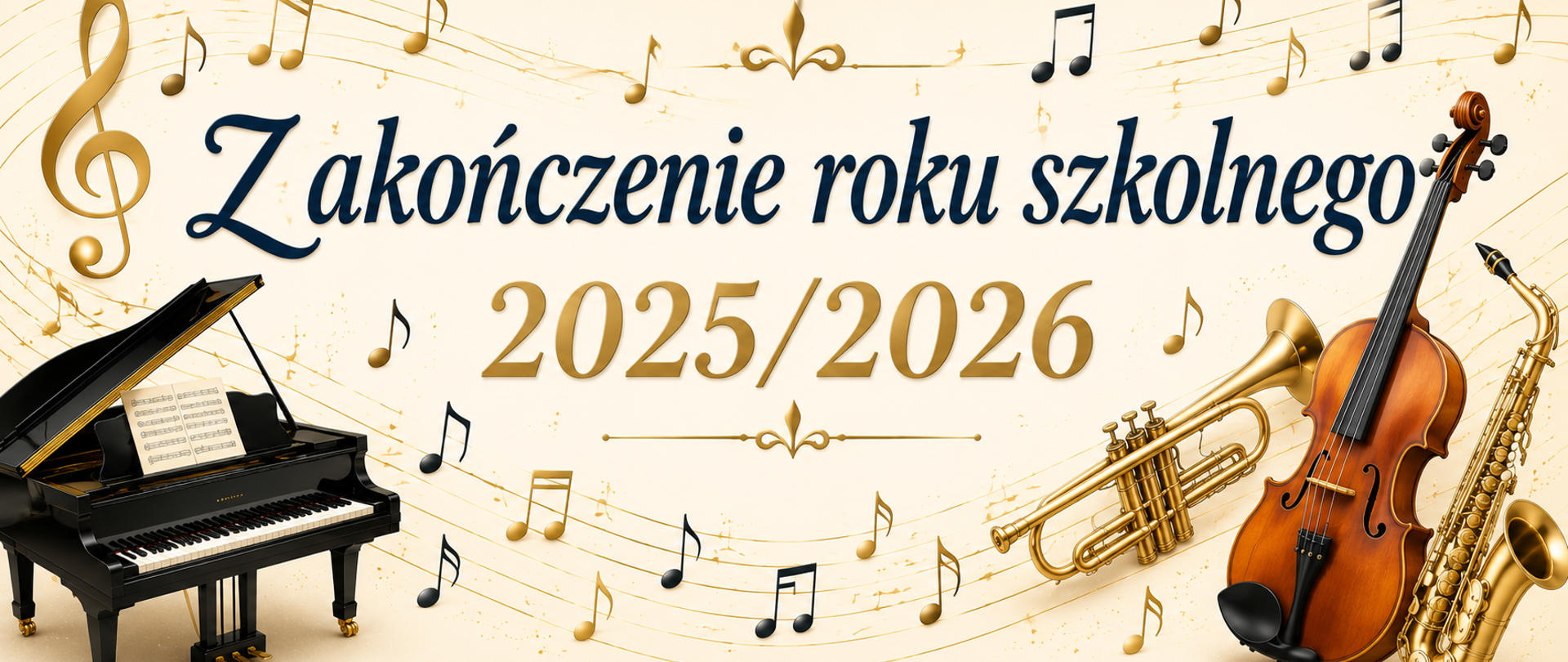 Baner poziomy promujący zakończenie roku szkolnego 2025/2026. Na jasnym, kremowym tle widnieje duży granatowy napis „Zakończenie roku szkolnego”, a pod nim złoty napis „2025/2026”. Tło zdobią pięciolinie i liczne nuty unoszące się po całej kompozycji. Po lewej stronie znajduje się fortepian koncertowy, natomiast po prawej trąbka, skrzypce i saksofon. Grafika utrzymana jest w eleganckiej kolorystyce kremowo-złotej z muzycznymi motywami, podkreślającymi uroczysty charakter szkolnego wydarzenia.