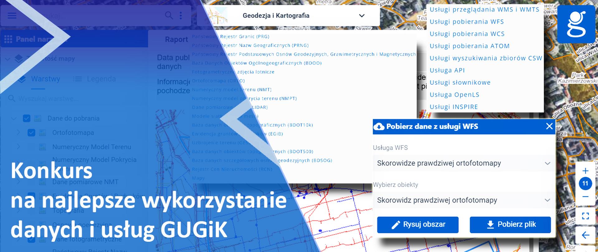 Baner z napisem "Konkurs na najlepsze wykorzystanie danych i usług GUGiK"