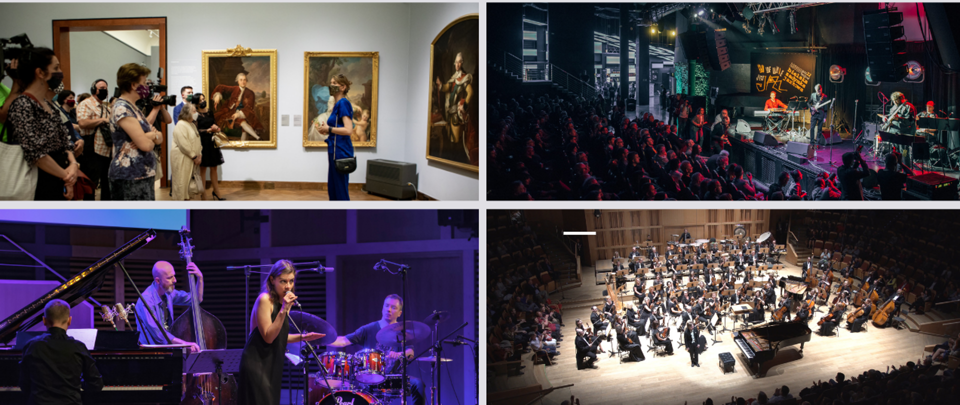 Kolaż zdjęć przedstawiających spotkania z kulturą: zwiedzających w galerii, koncert jazzowy, koncert w filharmonii (muzycy na scenie)