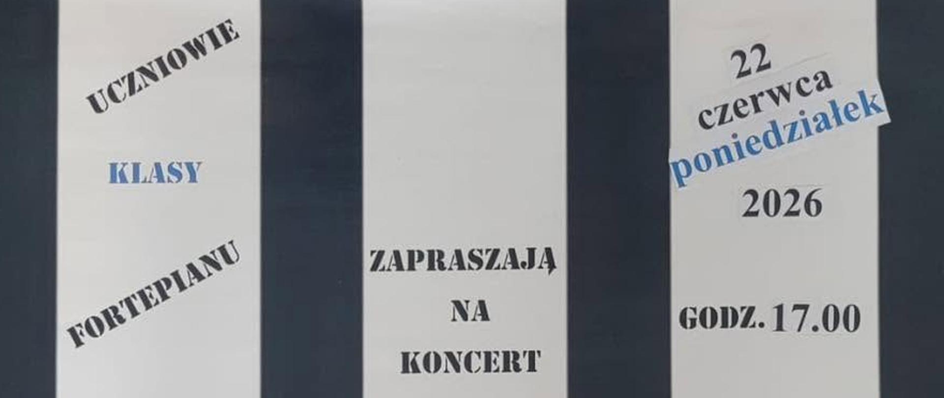 Plakat z wydarzeniem - Koncert "LUBIĘ TO CO GRAM" uczniów klasy fortepianu Lubow Pendereckiej, który odbędzie się 22 czerwca 2026r. o godz. 17:00 w sali koncertowej ZPSM w Dębicy, tłem plakatu jest biało-czarna klawiatura, na środku umieczona została uśmiechnięta i machająca emotka, nad nią mała kolorowa pięciolinaia z nutami 