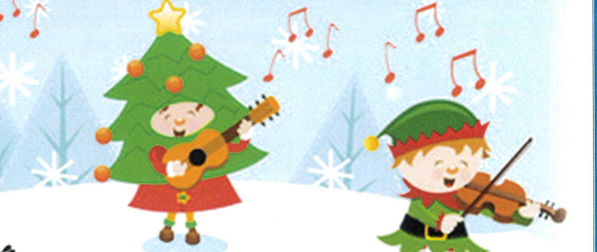 Grafika na białym tle z niebieską ramką. Dzieci stoją na śniegu, poprzebierane są w świąteczne stroje, grają na instrumentach. Pod grafiką kolorowy napis Koncert sekcji instrumentów strunowych 13.12 (wtorek) godz. 16:30 Zapraszamy.