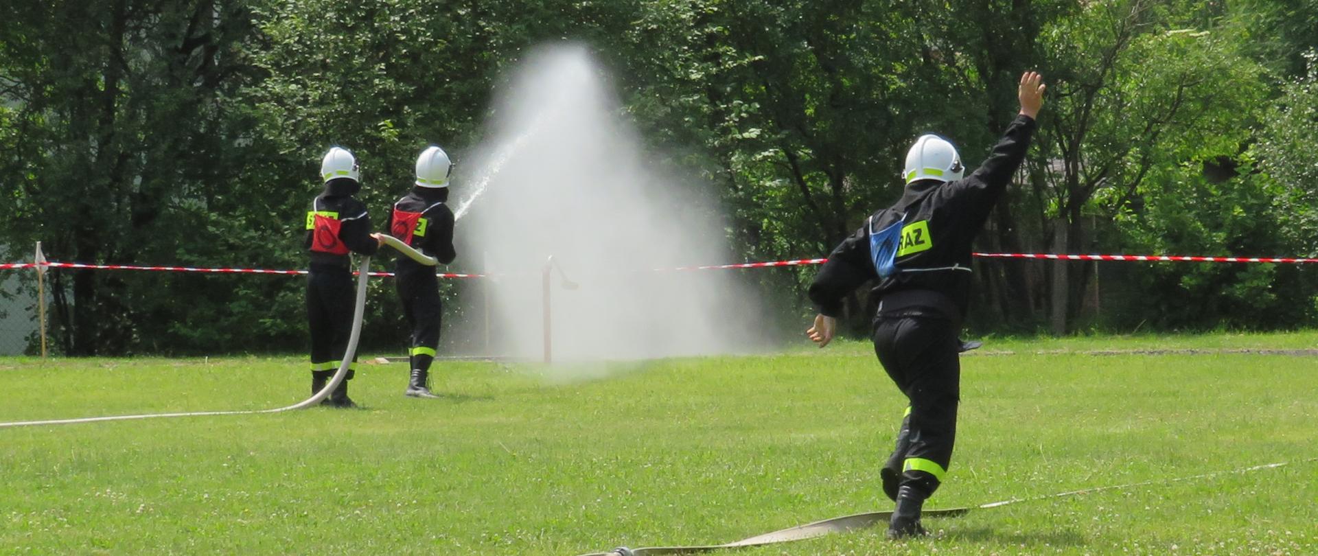Druhowie OSP w trakcie ćwiczenia bojowego strumieniem wody celują w tarczę.