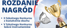 Koła w kolorze żółtym, czerwonym i niebieskim. Po lewej stronie okrągłe zdjęcie dwóch rąk trzymających złoty i srebrny puchar. Informacje: rozdanie nagród II szkolnego konkursu z kształcenia słuchu i V szkolnego konkursu Sekcji Instrumentów dętych i perkusji. 