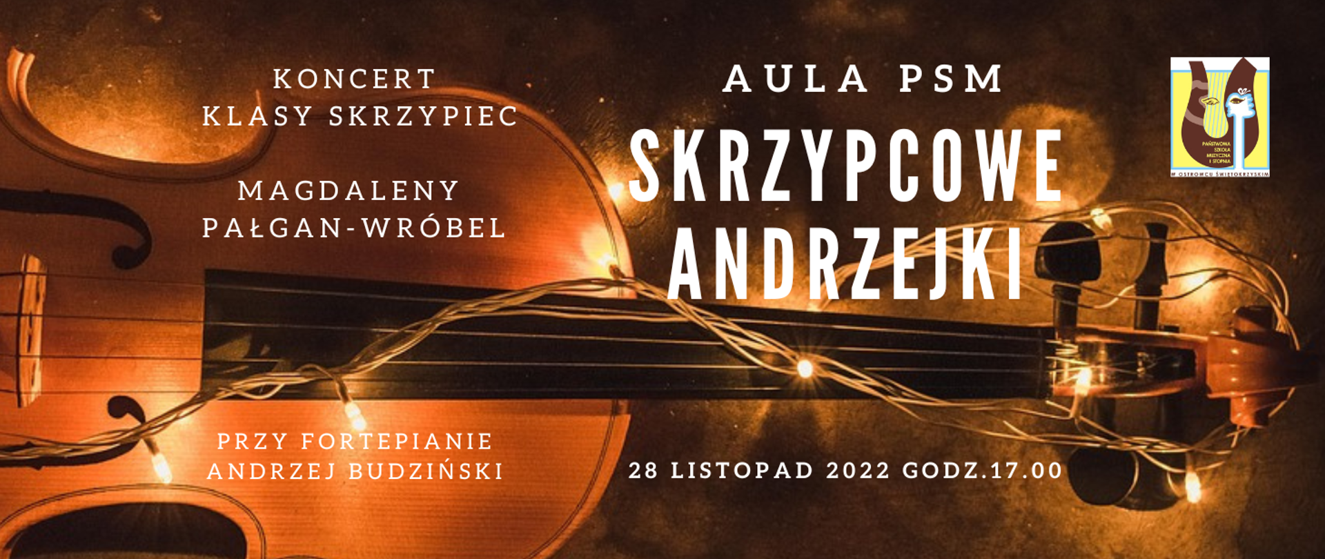 skrzypce na brązowym tle z lampkami i napisami w kolorze białym