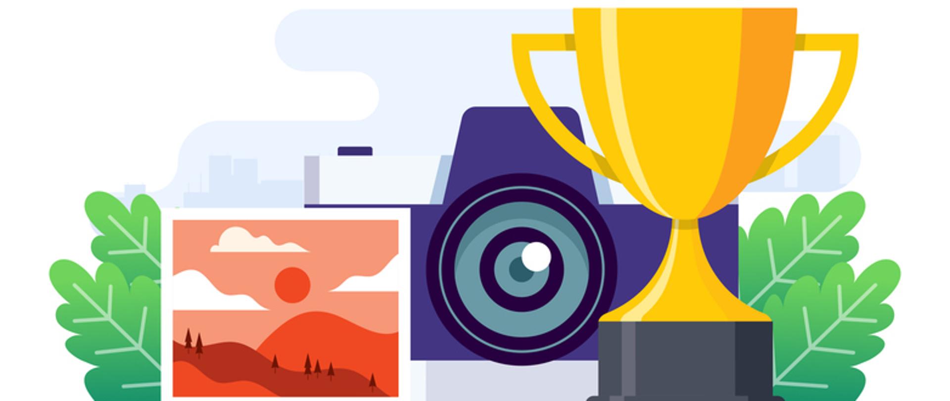 Na pierwszym planie złoty puchar oraz zdjęcie z krajobrazem. Na drugim palnie aparat fotograficzny. Po obu stronach grafiki (prawa i lewa), po dwa zielone liście.